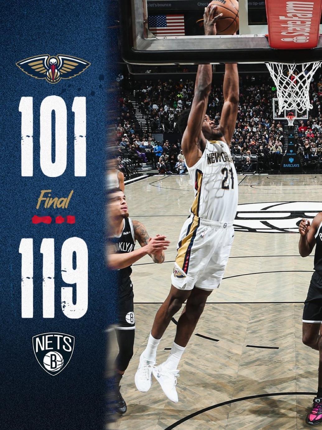 12月7日NBA常规赛战报（7）：

鹈鹕101-119篮网
老鹰-奇才

雄鹿