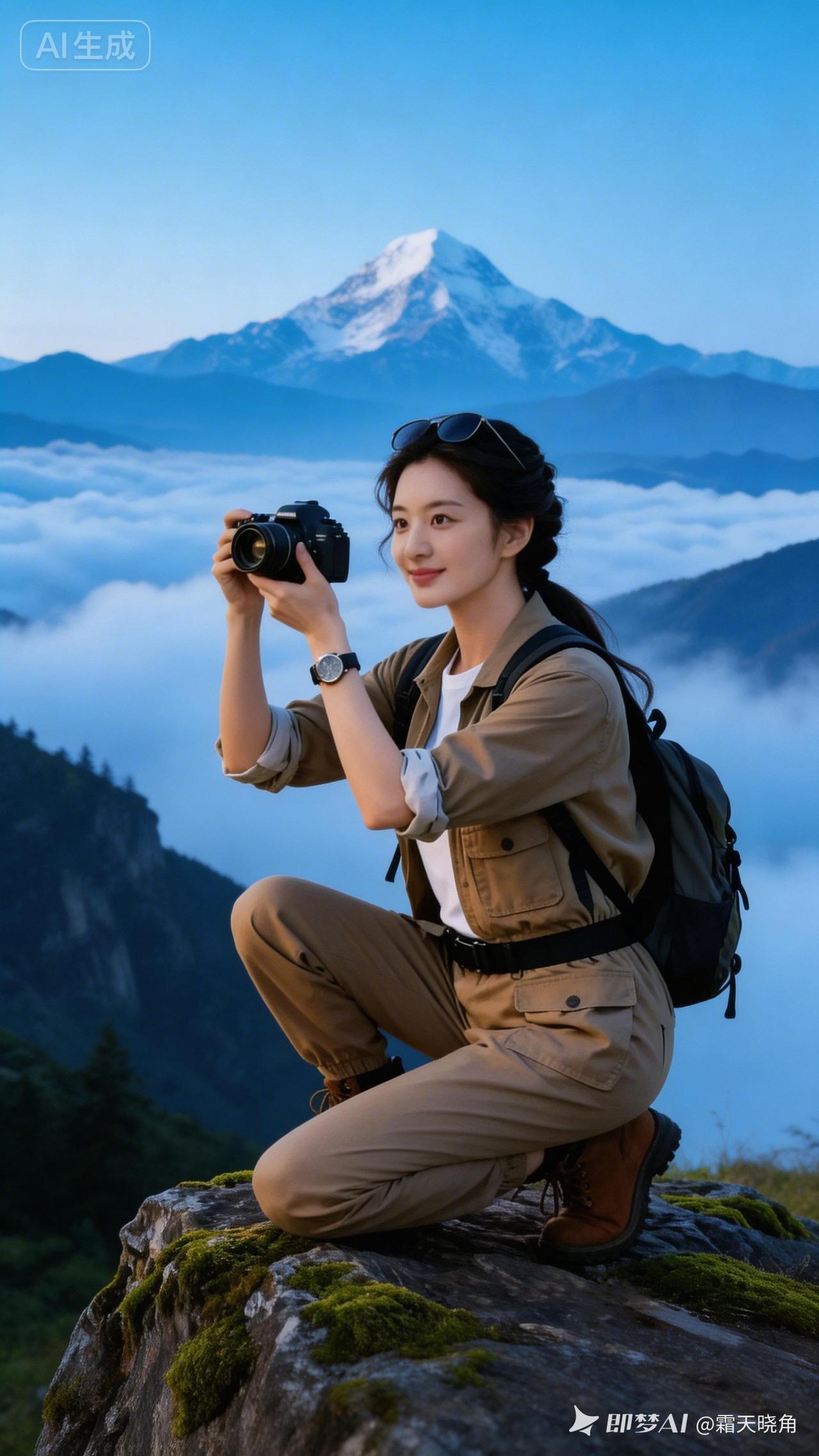 姑娘在山顶拍照，风景真美！