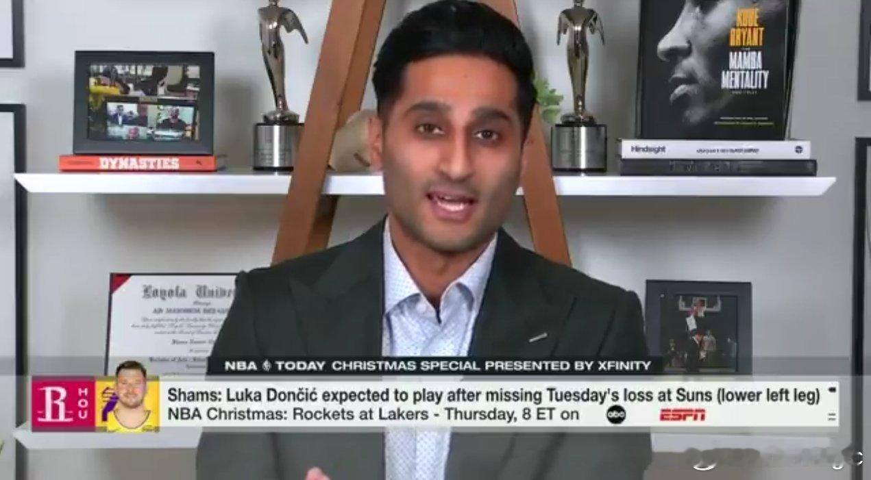 Shams：东契奇（左小腿挫伤）预计将会出战与火箭的圣诞大战。