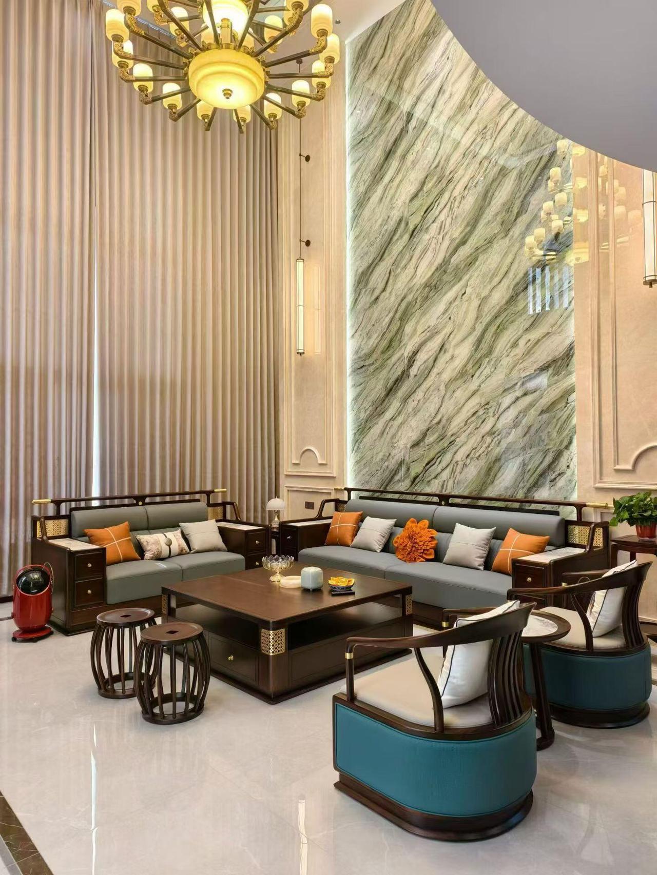 挑空复式客厅  新中式家具 全屋定制家具 新中式沙发客厅搭配