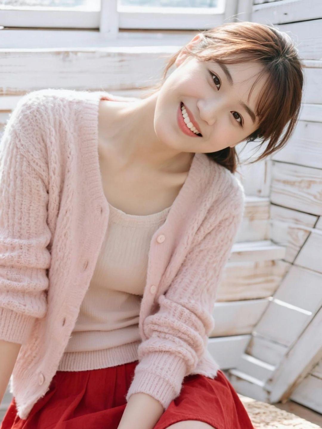 在阳光洒落的午后，针织开衫与红色长裙的碰撞，像是秋日里的一抹暖意与热情的交织。背