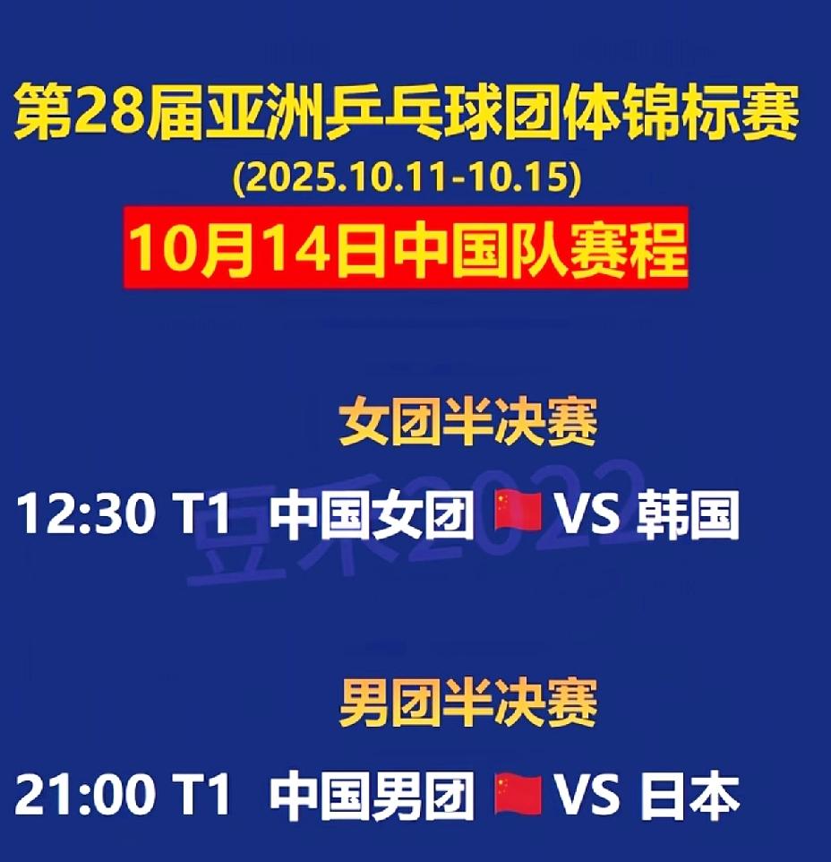 亚锦赛14日国乒赛程，
中午国乒女团打韩国，
晚上国乒男团打日本。

1/4决赛