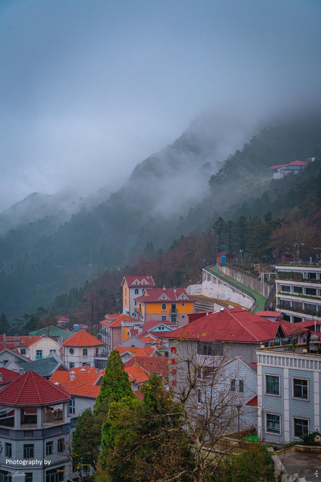 冬日的庐山，山顶上的牯岭镇，仿佛披上了一层梦幻外衣。在冬雨的日子里，牯岭镇的每一