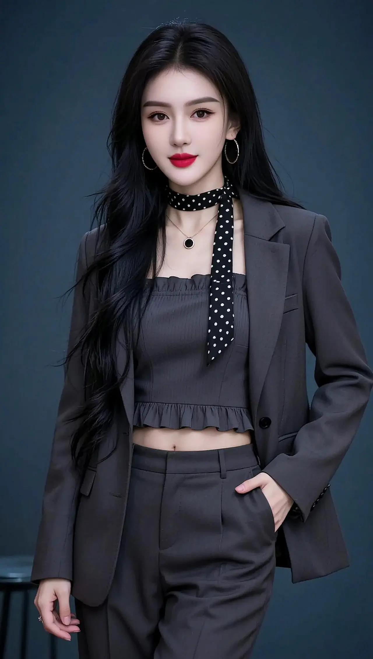 优雅职场风穿搭，灰色西装搭配波点丝巾，尽显时尚魅力！