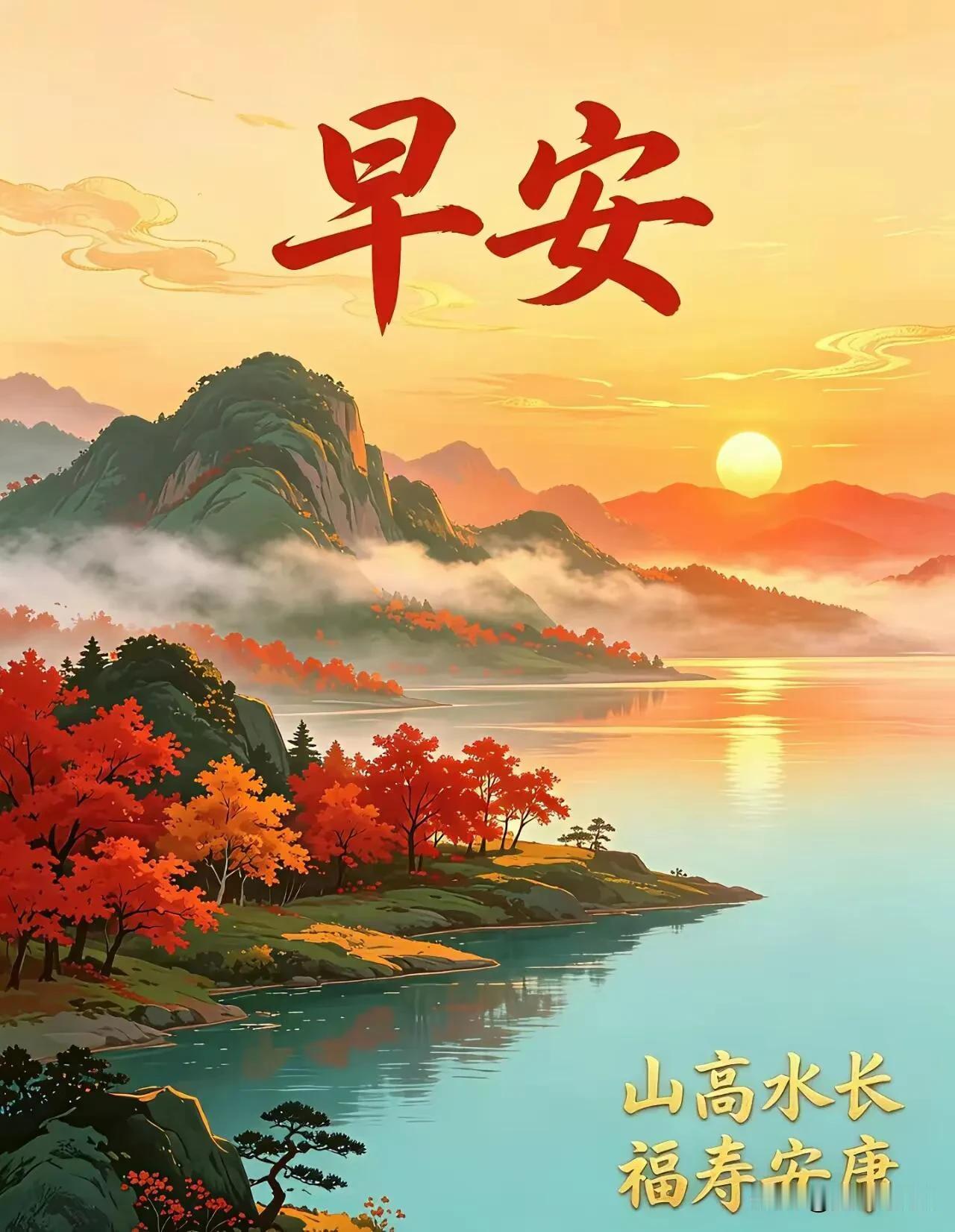 秋山映碧水，朝阳送吉祥。愿岁岁平安，事事顺心。早安！