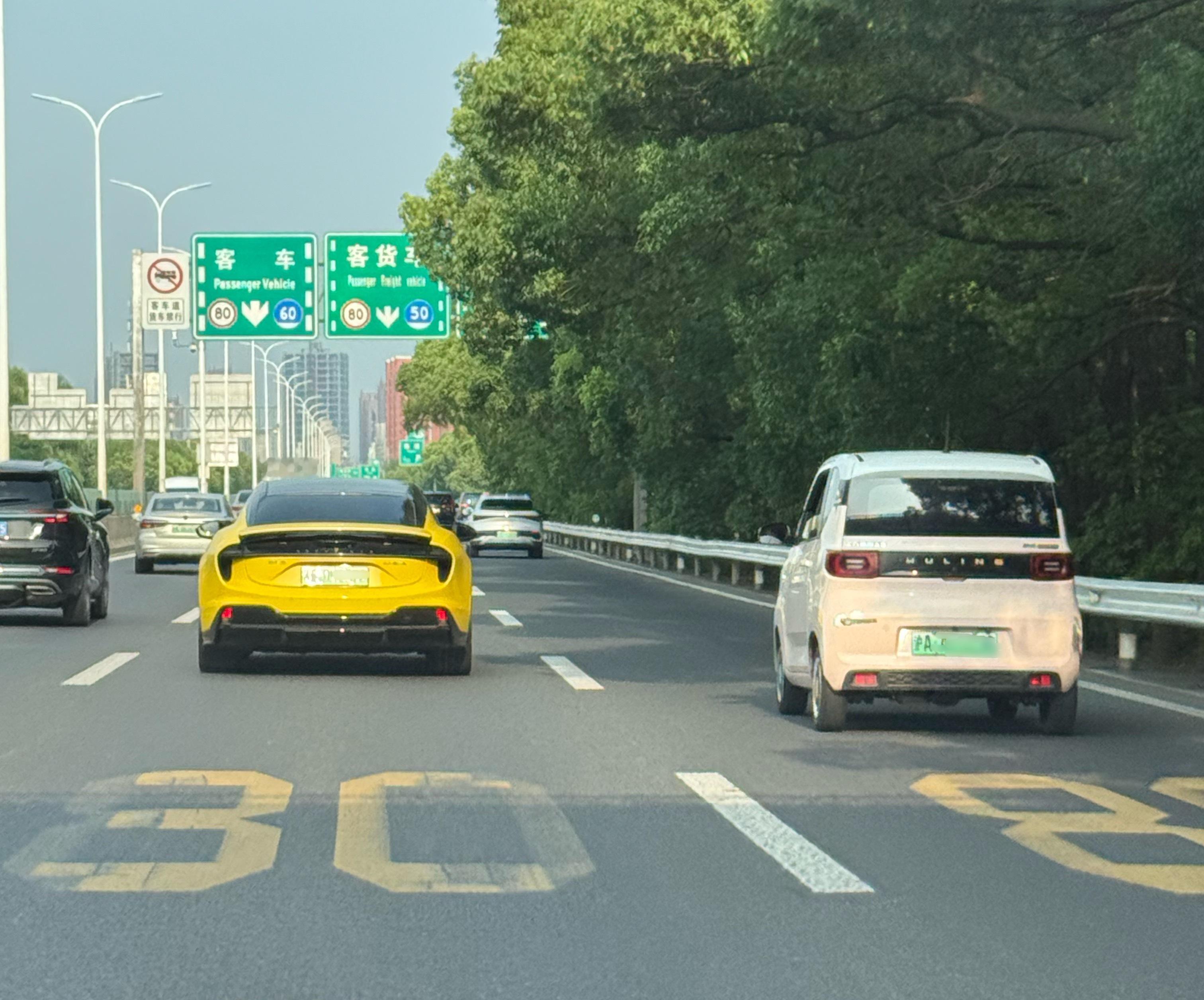 右边的五菱宏光MINIEV2020年有一段时间上海还能送免费绿牌要是不叫停一直送