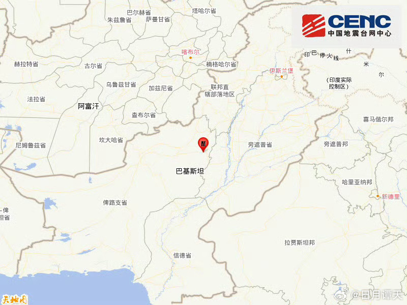 地震快讯中国地震台网正式测定：06月27日11时06分在巴基斯坦（北纬30.45