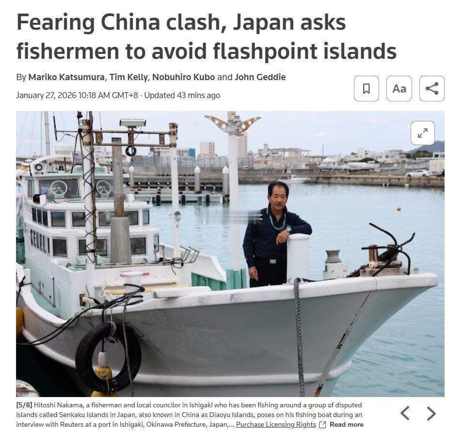 日本知道怕了路透：日本政府敦促日本渔民远离钓鱼岛以避免摩擦升级自去年年底以来，日
