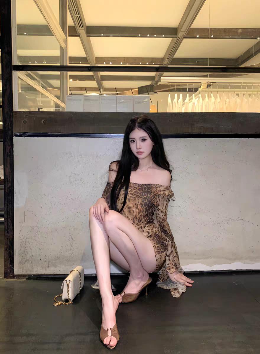 都市时尚女孩，豹纹连衣裙，优雅姿态，都市风范。