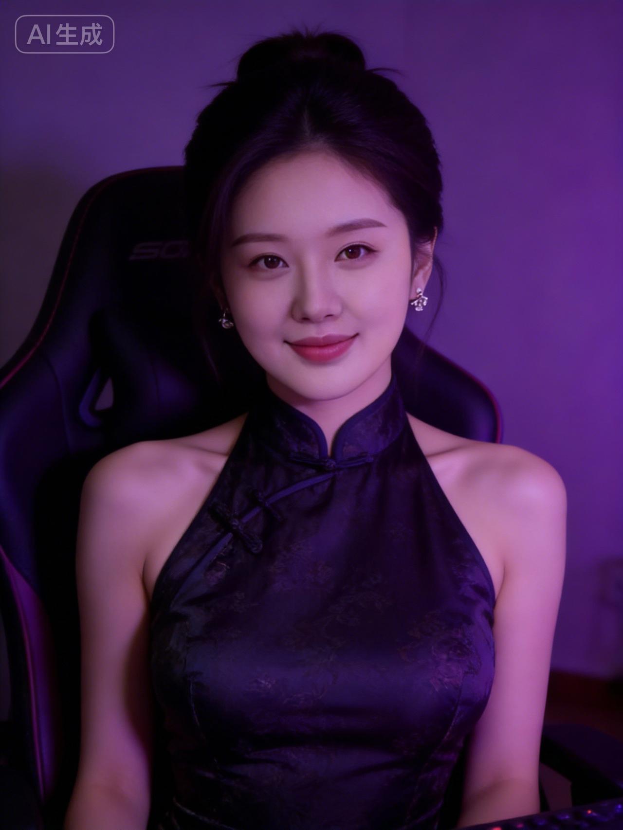 紫色光影下的优雅美女，尽显东方韵味！