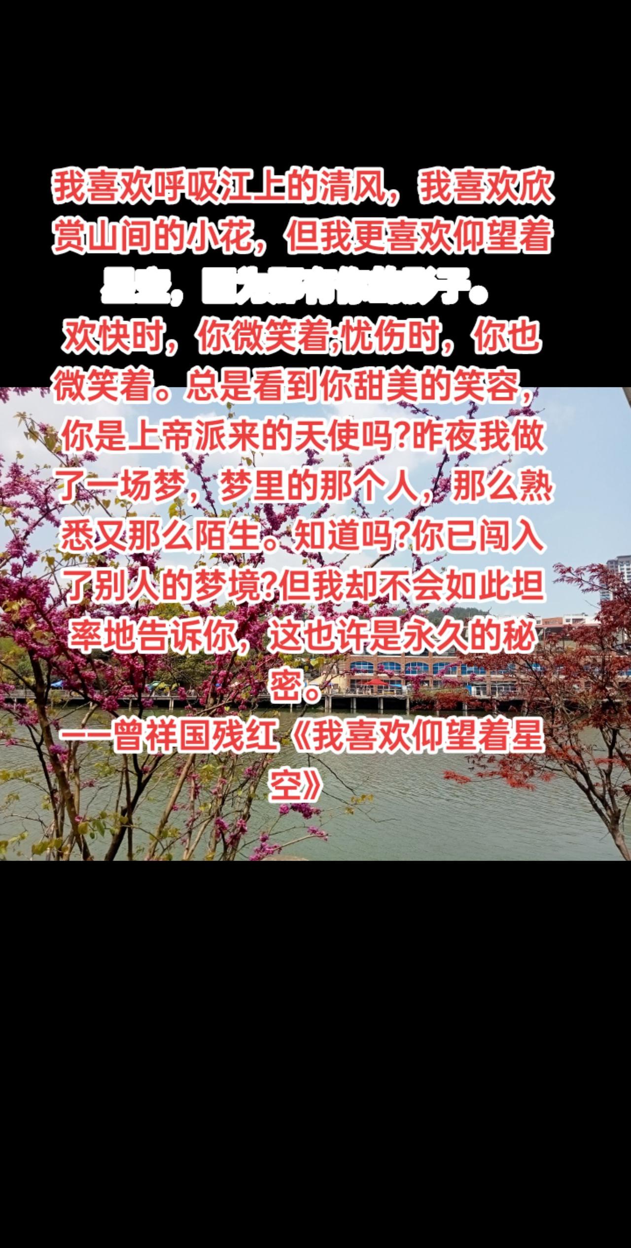 我喜欢呼吸江上的清风，我喜欢欣赏山间的小花，但我更喜欢仰望着星空，因为那有你的影