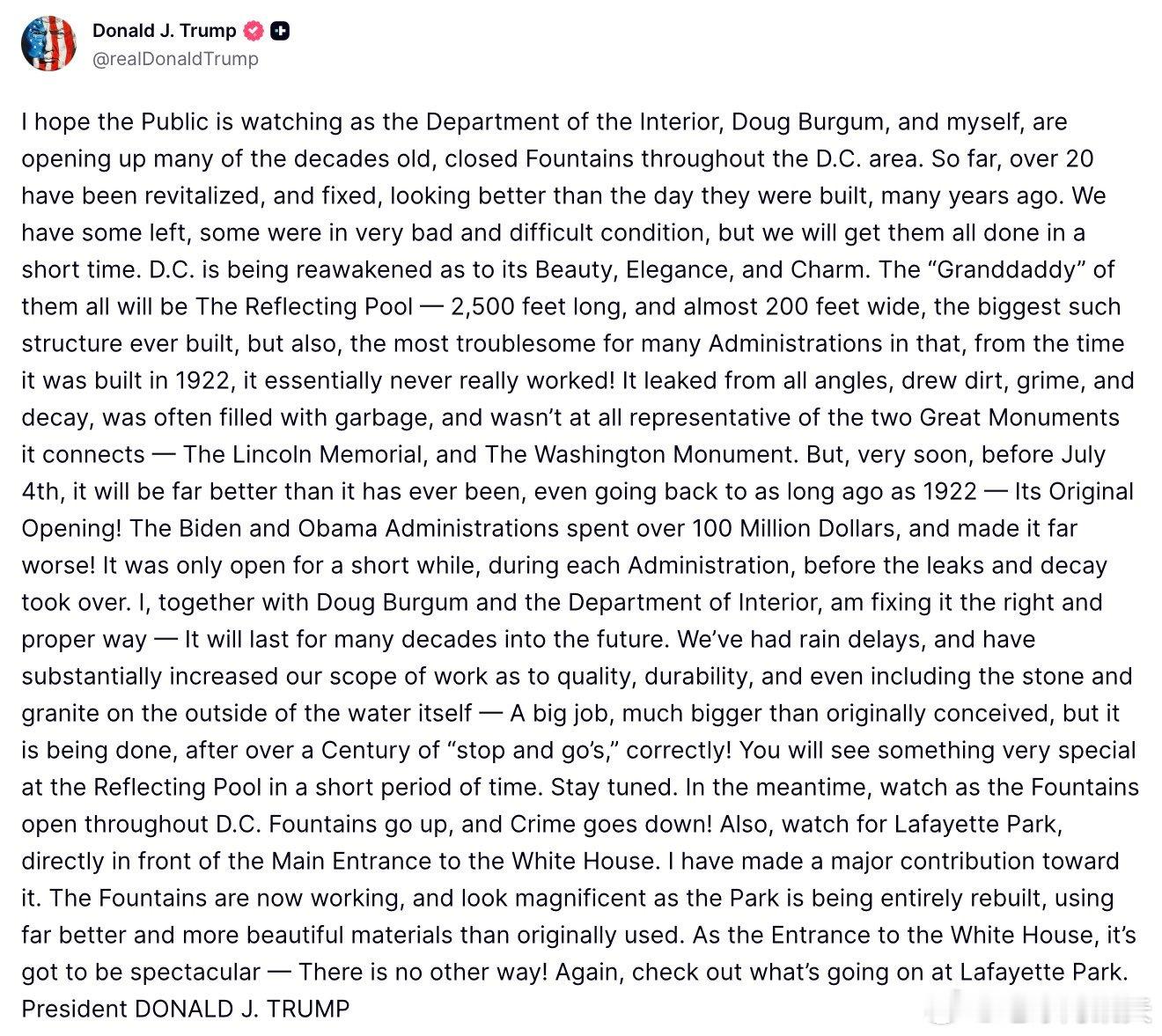 ‼️特朗普称要让华盛顿再次容光焕发：“我希望公众正在关注，内政部、道格·伯古姆（