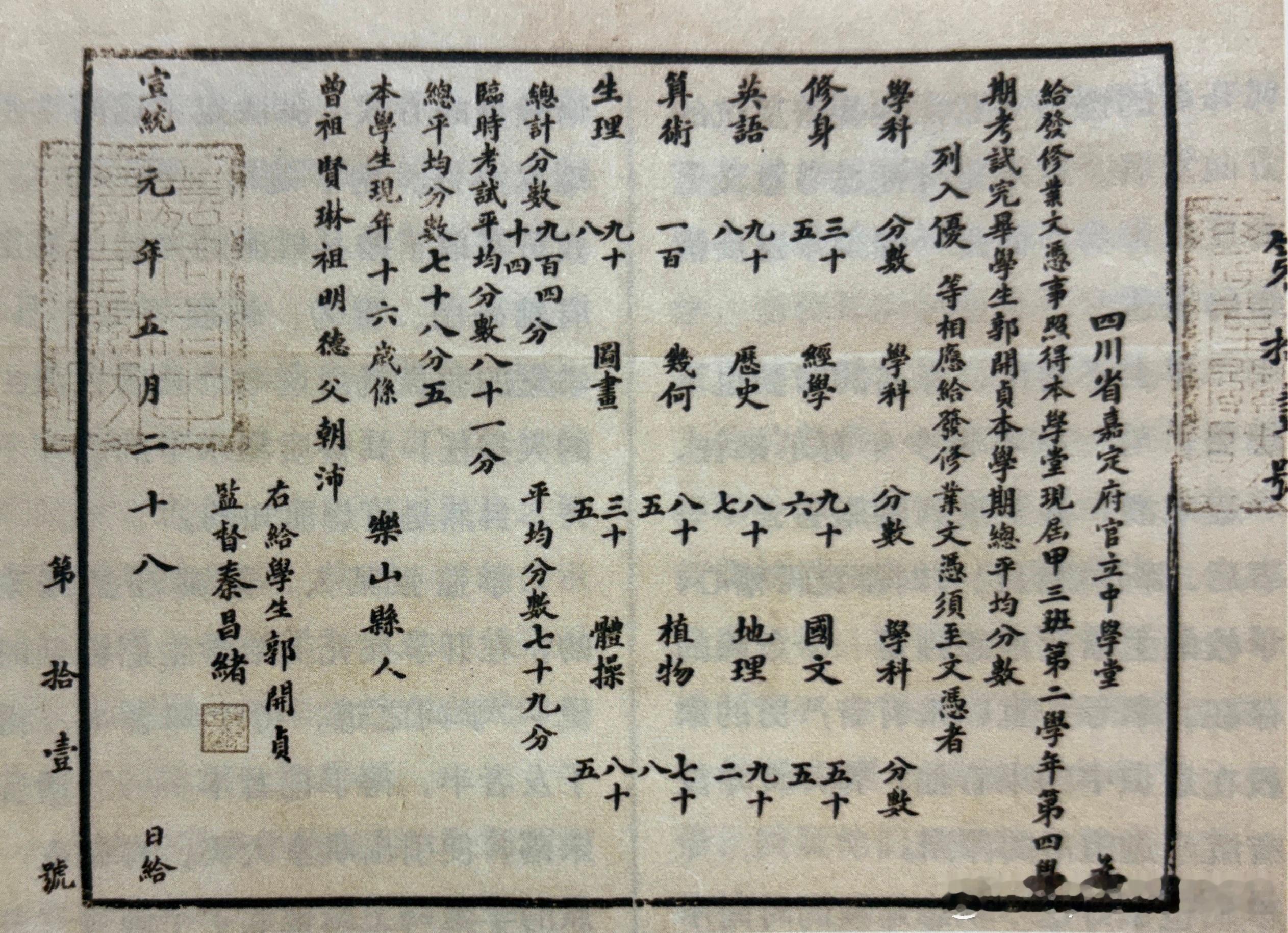 1909年6月30日（农历5月28）郭开贞（郭沫若）在嘉定府中学堂第二年修业文凭