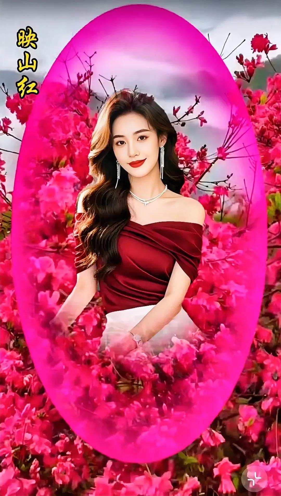 映山红里人如画，笑靥如花映眼来。山花如绣颊 观花美秀 景美人美难长留