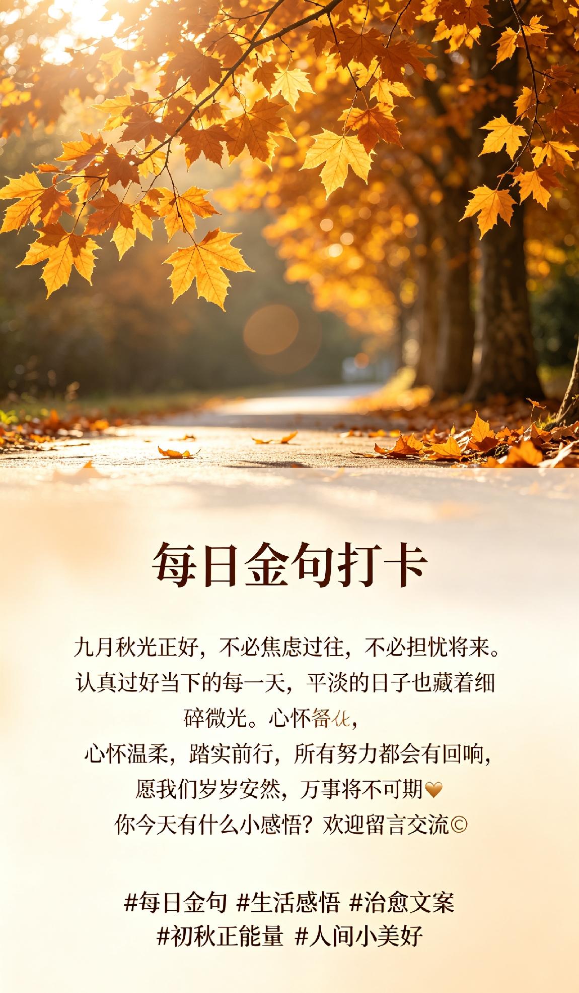 九月秋光正好，不必焦虑过往，不必担忧将来。
认真过好当下的每一天，平淡的日子也藏