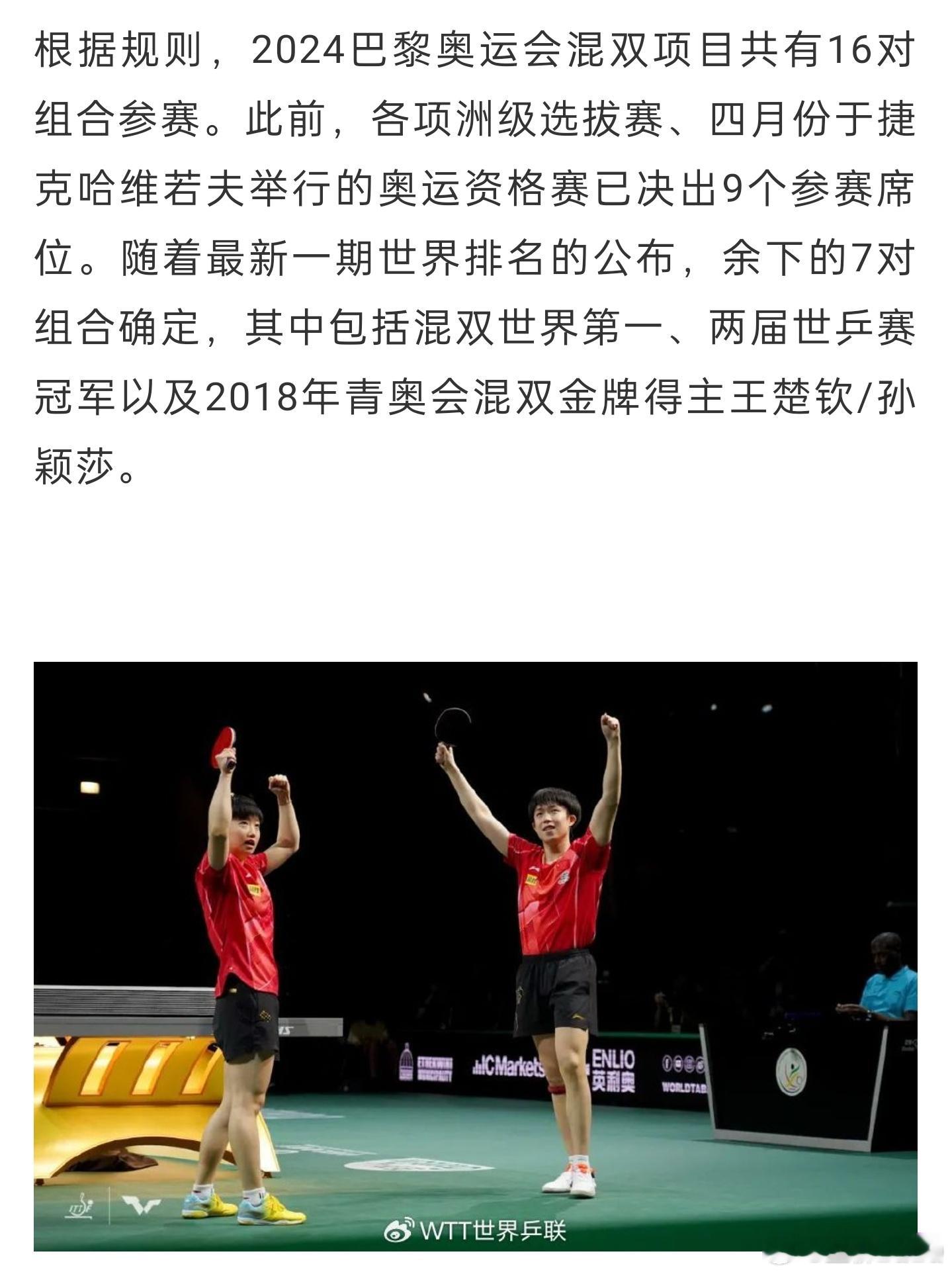 “混双世界第一、两届世乒赛冠军以及2018年青奥会混双金牌得主王楚钦/孙颖莎。”