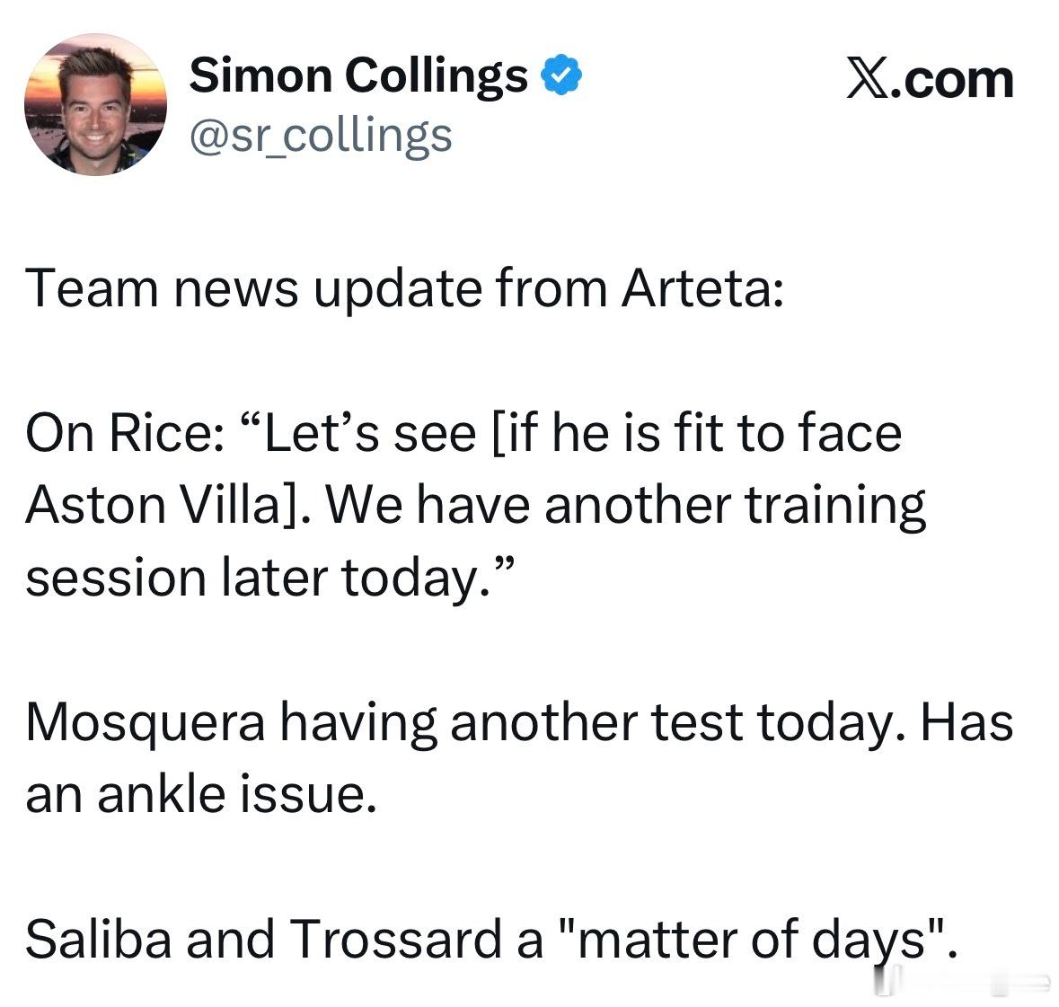 赛前发布会，阿尔特塔：关于赖斯，我们今天晚些时候还有一次训练，然后再看看他能否出