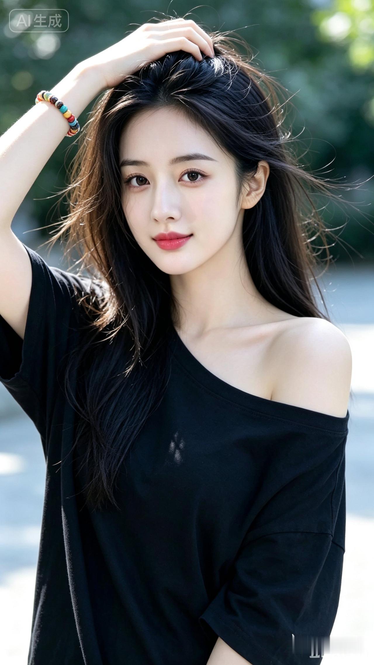 元气少女，黑发红唇，阳光下的甜美笑容