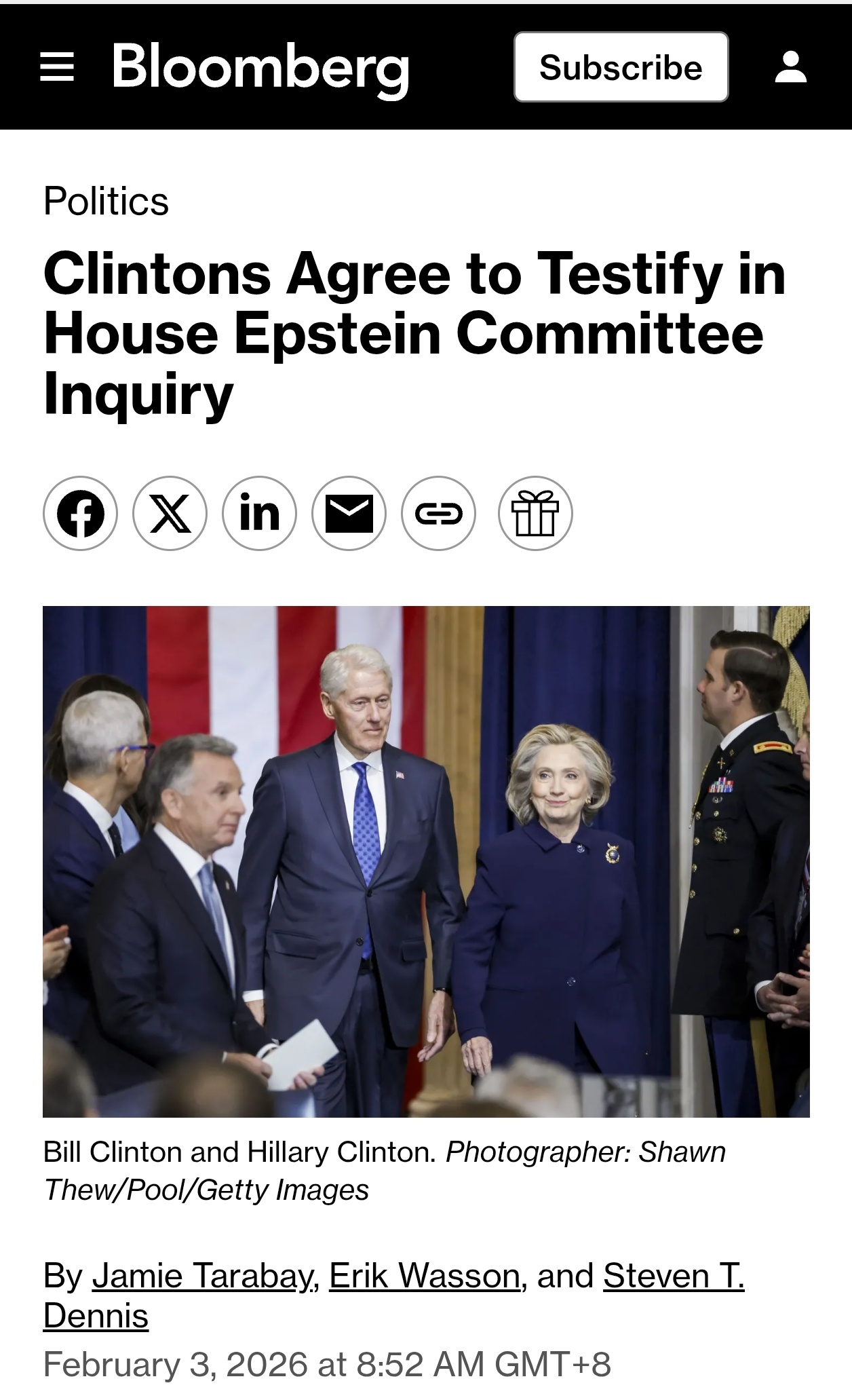 克林顿夫妇将出席美国国会委调查杰弗里·爱泼斯坦的听证会——他们的律师表示。爱泼斯