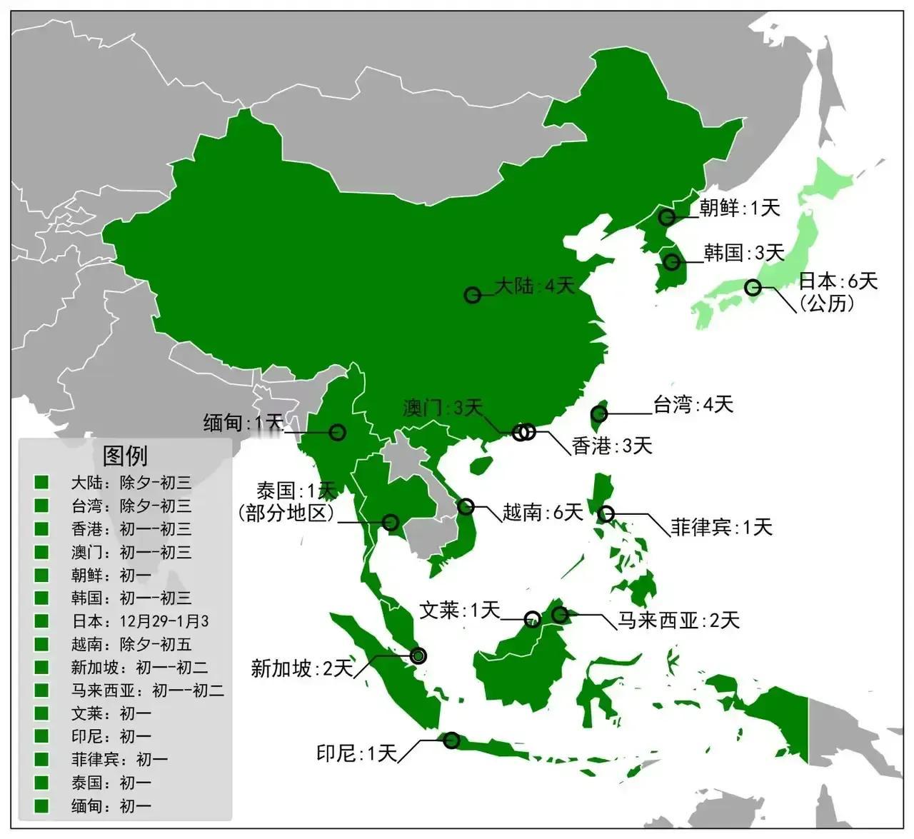 大中华地区周边过年放假的天数比较