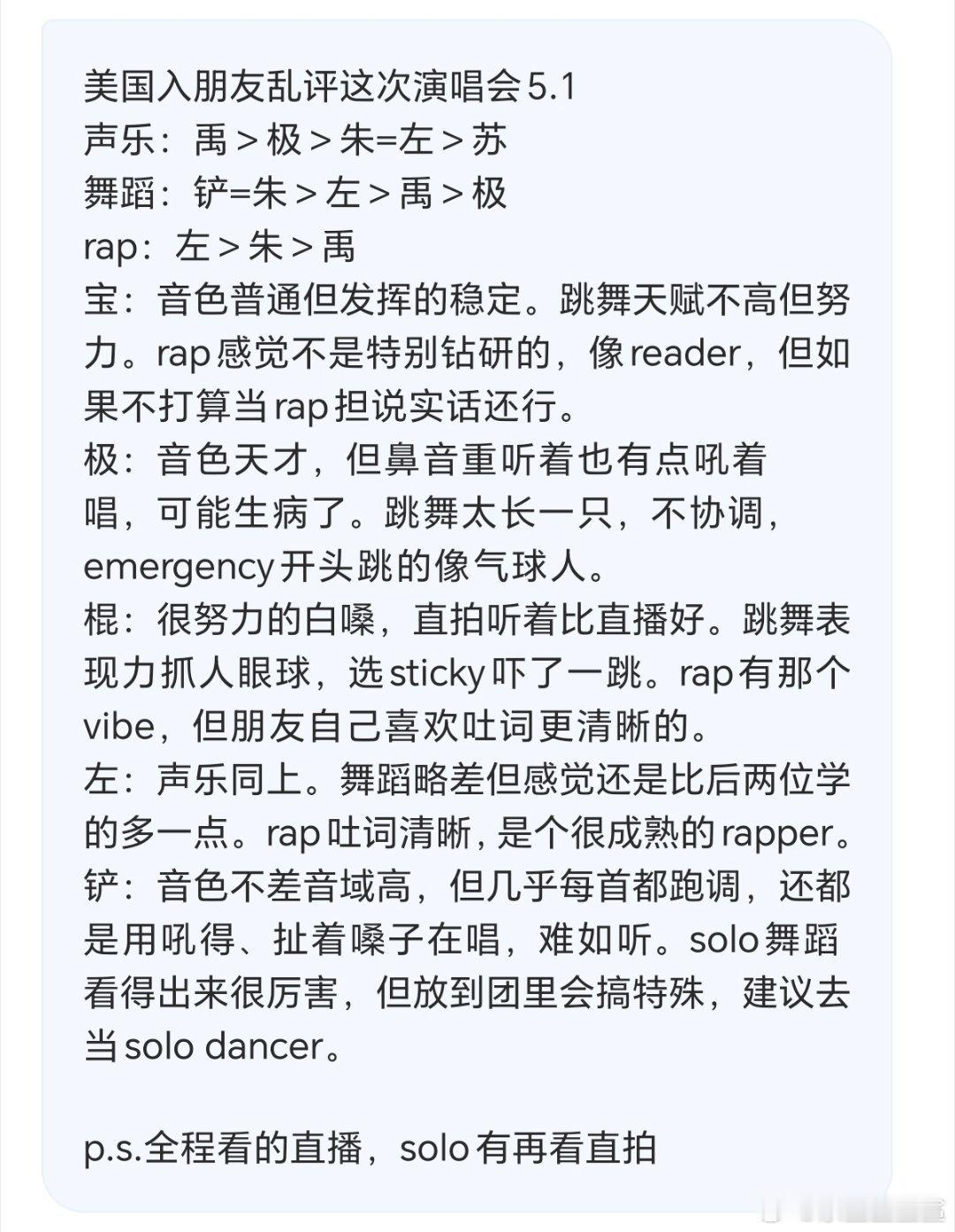 🇺🇸朋友评TOP五个人此次演唱会表现： ​​​