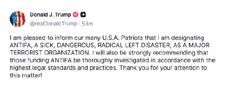 特朗普发文表示正在将激进左翼 Antifa 列为恐怖组织。
----------