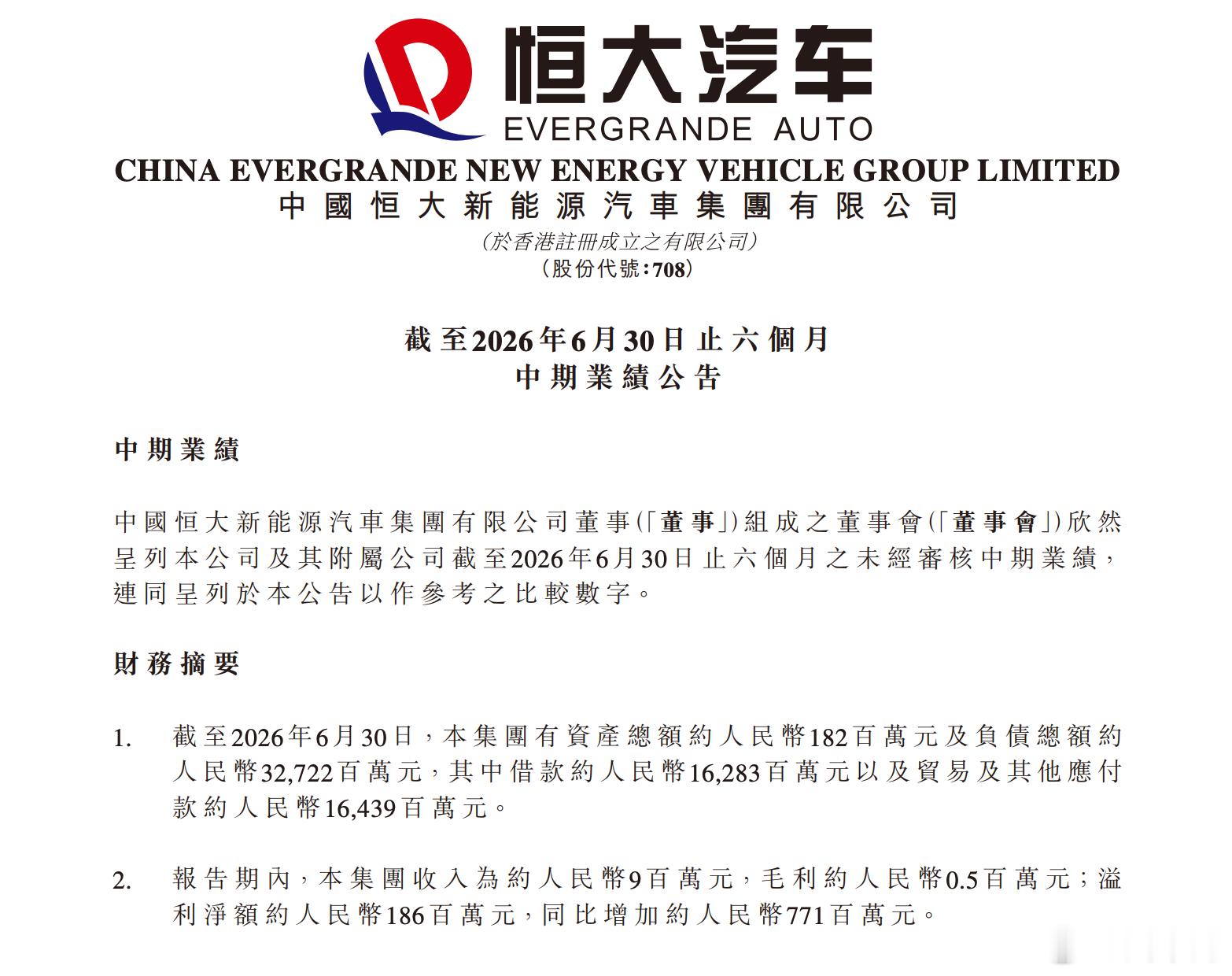 每日汽车资讯9月17日，恒大汽车（00708.HK）于港交所发布2026年中期业
