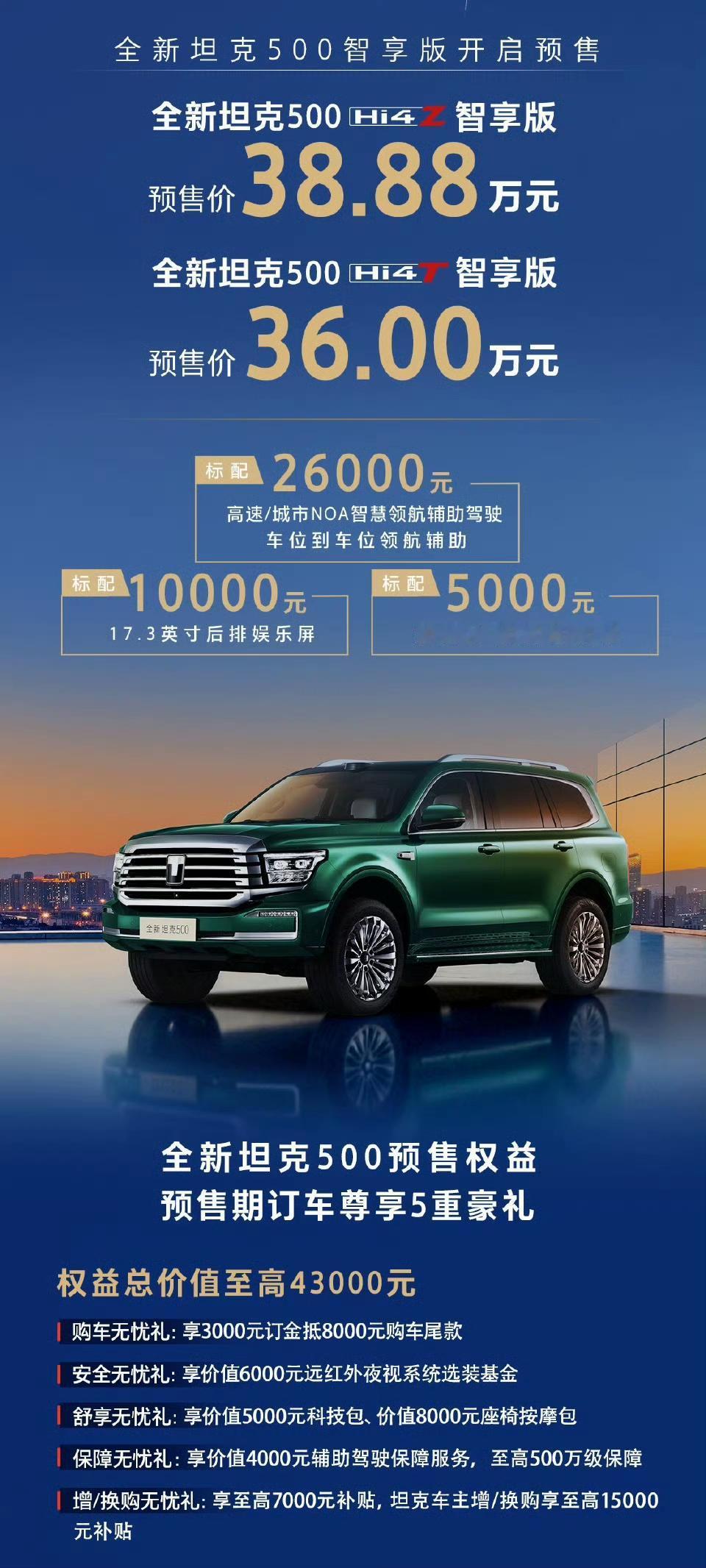 全新坦克500预售价格36万起
坦克500Hi4-Z:
38.88万起步;
坦克