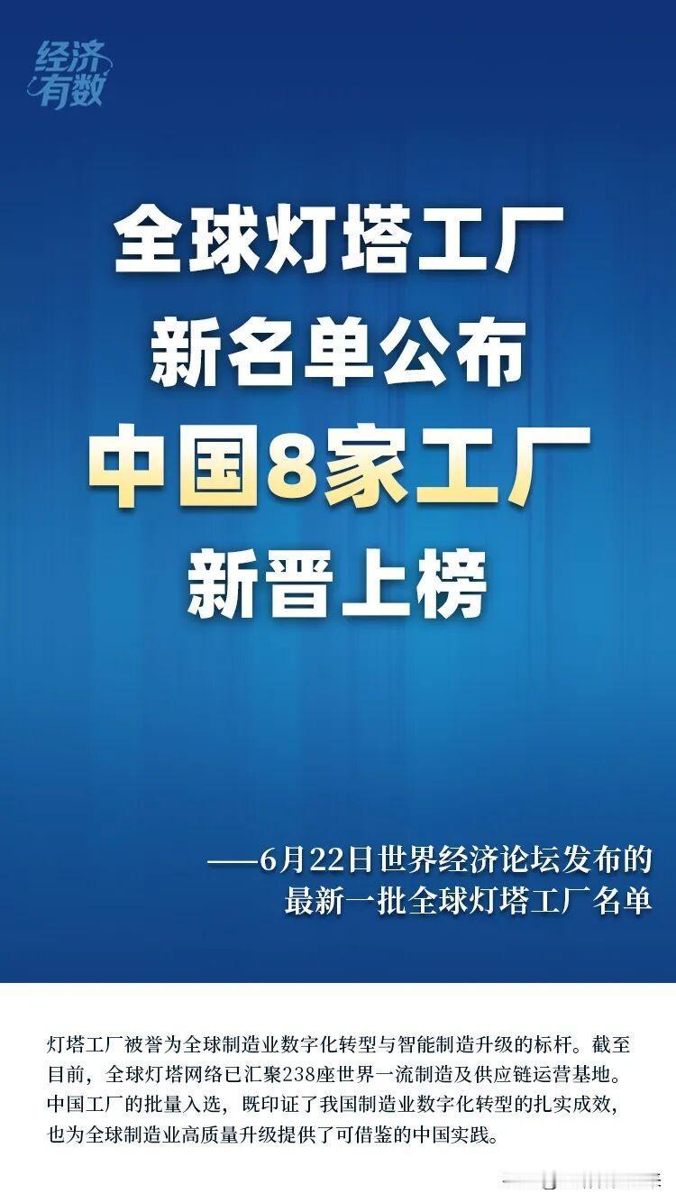 刚看到世界经济论坛发布的最新一批全球灯塔工厂名单，16家新晋工厂，8家来自中国，