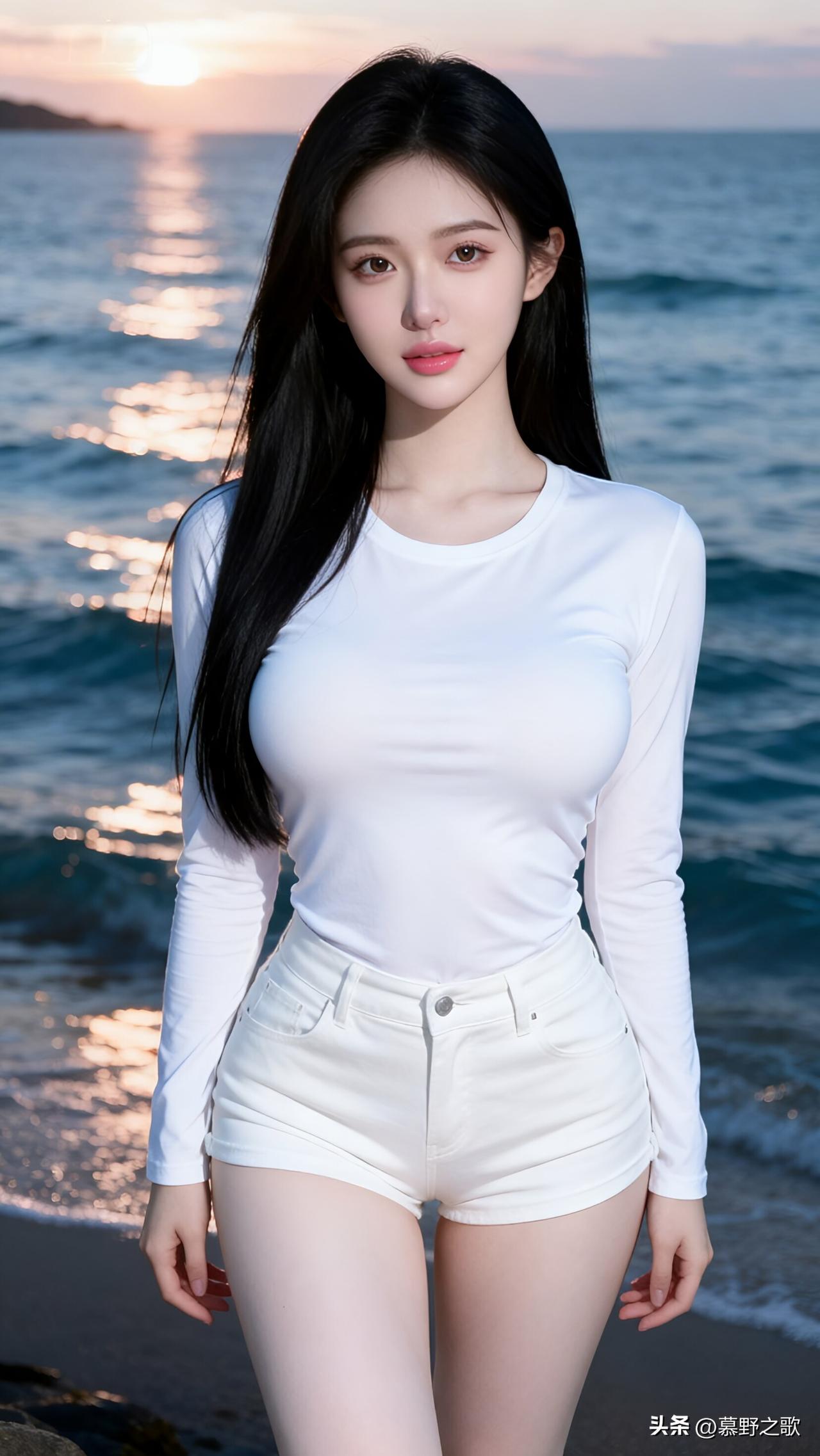 海边的温柔日落

夕阳西下，金色的阳光洒在海面上，波光粼粼。我穿着一身纯白的衣裳