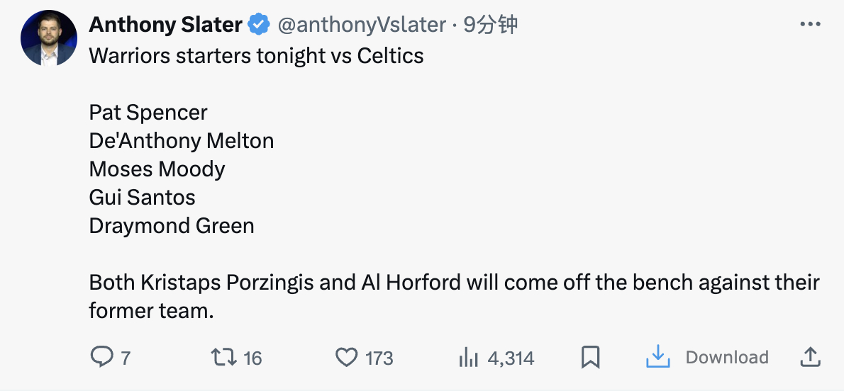 勇士首发：斯班瑟，穆迪，梅尔顿，桑托斯和追梦霍福德和铂金替补出战 