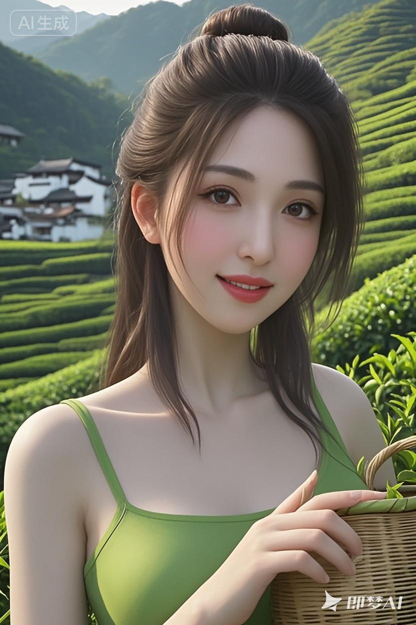 茶园里的清新少女，自然与美丽的完美融合。