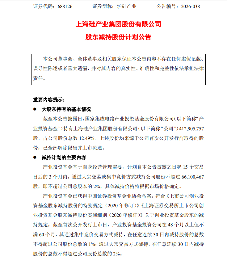 【沪硅产业：国家大基金拟减持不超过2%股份】沪硅产业公告，持股12.49%的股东