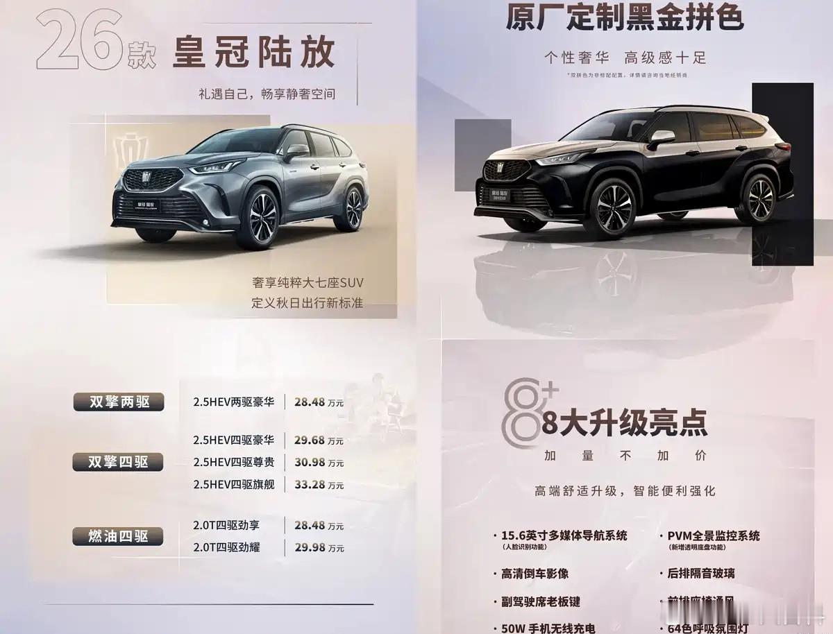汉兰达[超话] 改款之后，兄弟车丰田皇冠陆放 也紧随其后推出2026款，全系6款