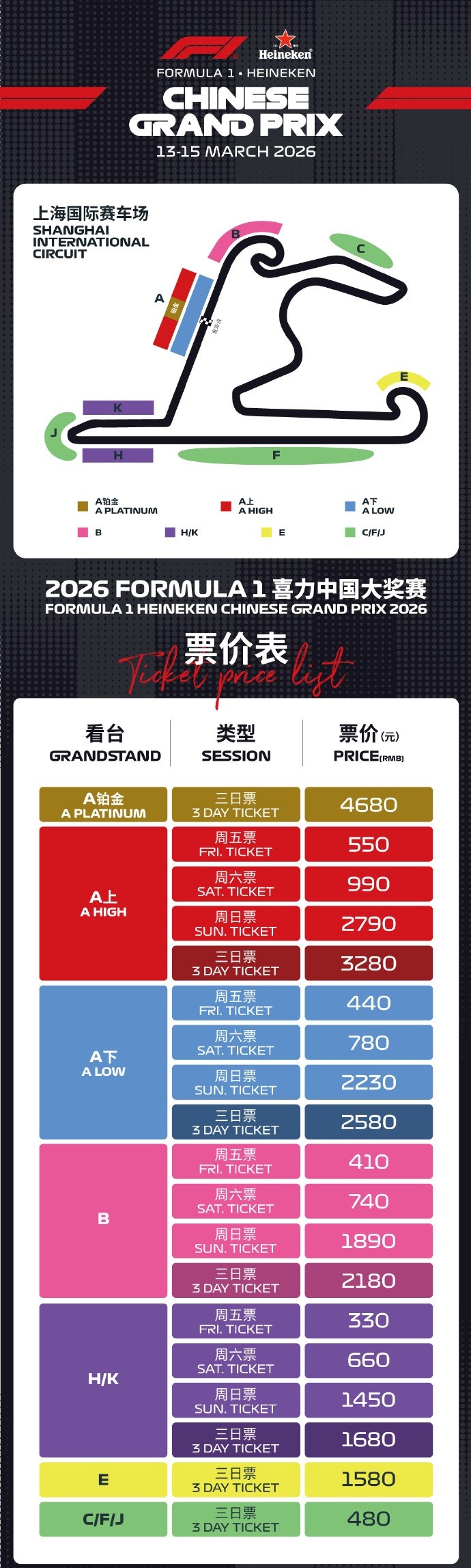 F1中国站票价公布：看台票380元-4680元不等，围场俱乐部42800元