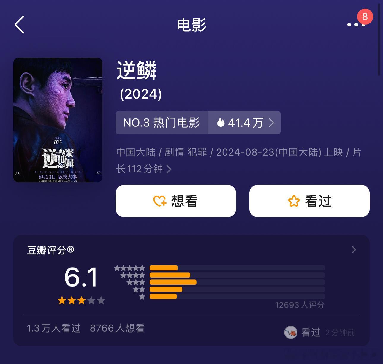 沈腾电影《逆鳞》豆瓣开分6.1，上映四天票房7738万 ​​​