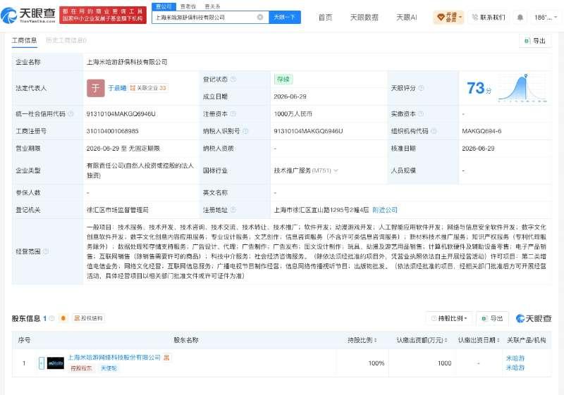【米哈游在上海成立新公司 注册资本1000万】
天眼查App显示，近日，上海米哈
