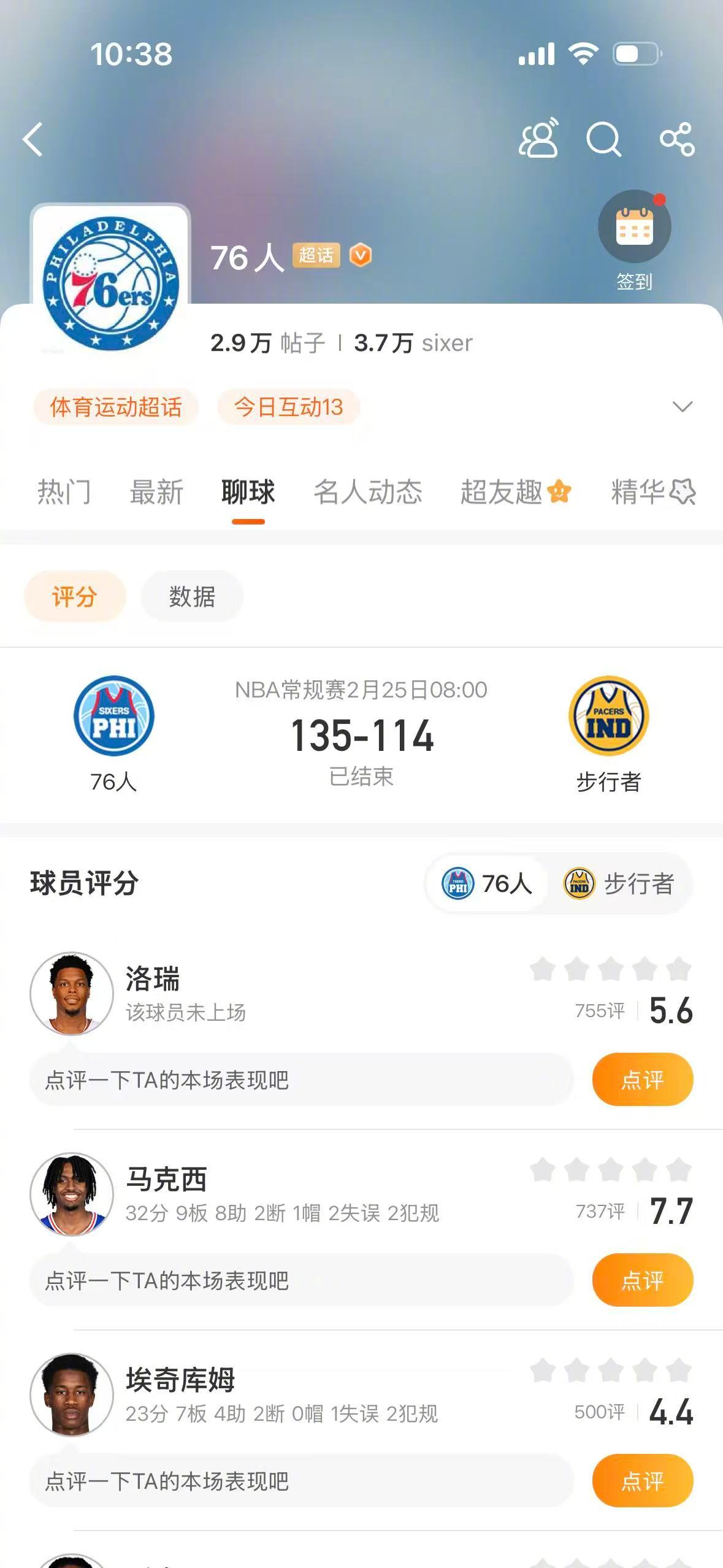 76人战胜步行者 NBA常规赛，76人135-114战胜步行者，马克西拿到32分