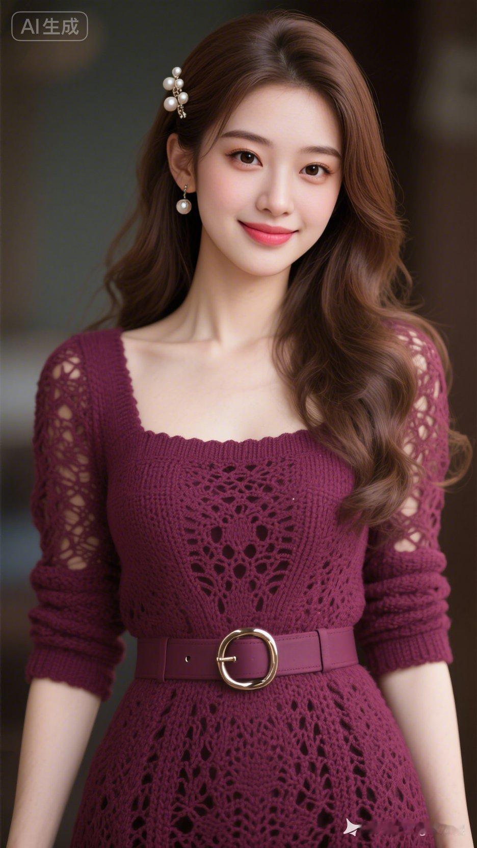 真人写真，都市美女全身特写，背景虚化。咖色微卷长发配珍珠发卡，五官精致立体，大地