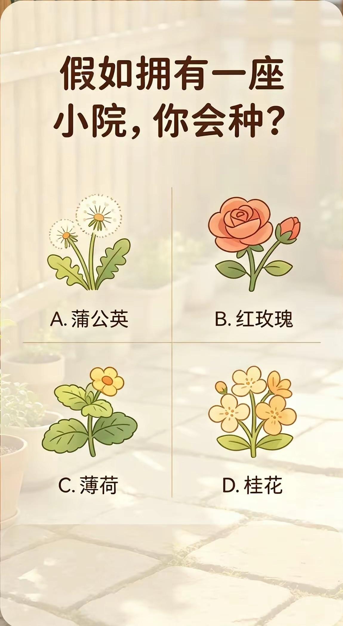 假如拥有一座小院，选一种植物，看透你内心真正渴求

趣味心理测试 性格测试 内心