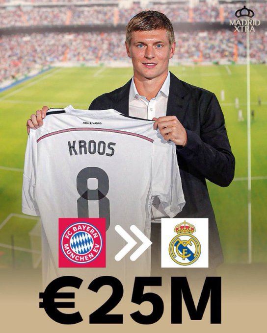 托尼·克罗斯加盟皇家马德里时，他的经纪人说：“2500万欧元？这绝对是世纪大便宜