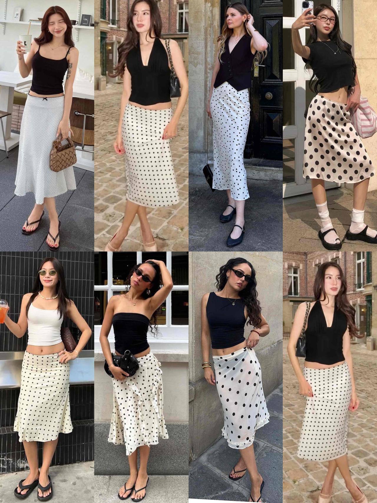 .波点裙超百搭呀！
自带复古氛围感的黑白波点半裙，简直是春夏衣橱的万能单品。不管