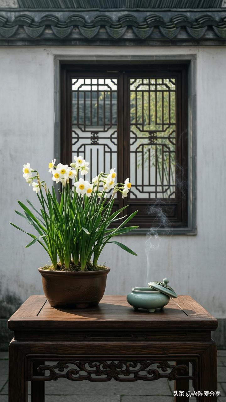 《水仙》

翠带亭亭立晓寒，
冰姿绰约倚雕栏。
一炉沉水香初烬，
半榻清风梦未残