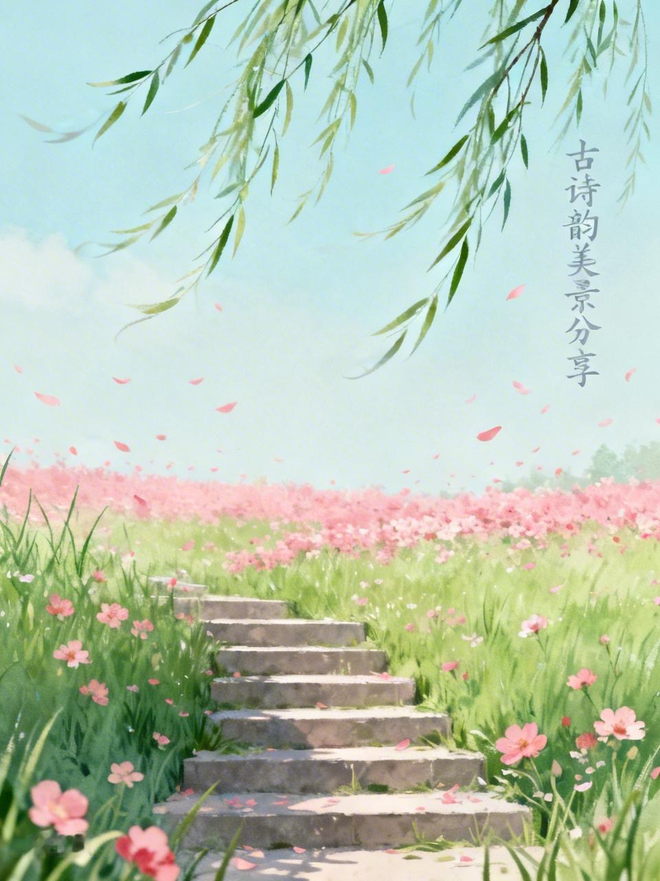 草色連階綠，花飛遍野紅。
吟詩今正好，䟡礪笑東風。
