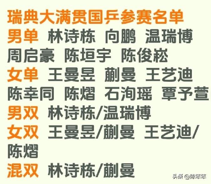 瑞典大满贯国乒今年成绩能超越去年吗？
男、女队一共13人参加5个项目的比赛，阵容