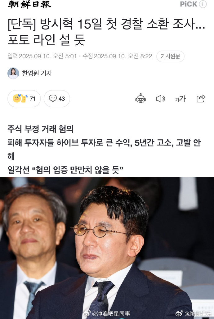 方时赫将于15日被警方传唤方时赫首次接受调查机构调查 据韩媒，首尔警察厅将于15