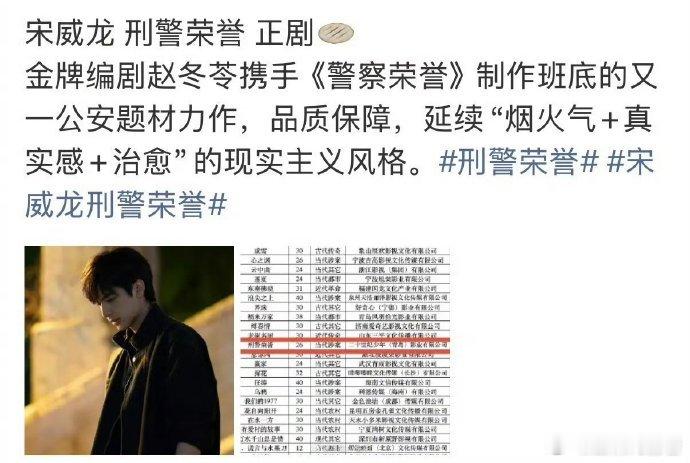宋威龙飞升 曝宋威龙下部剧是《刑警荣誉》，金牌编剧赵冬苓的正剧，从偶像剧到正剧是