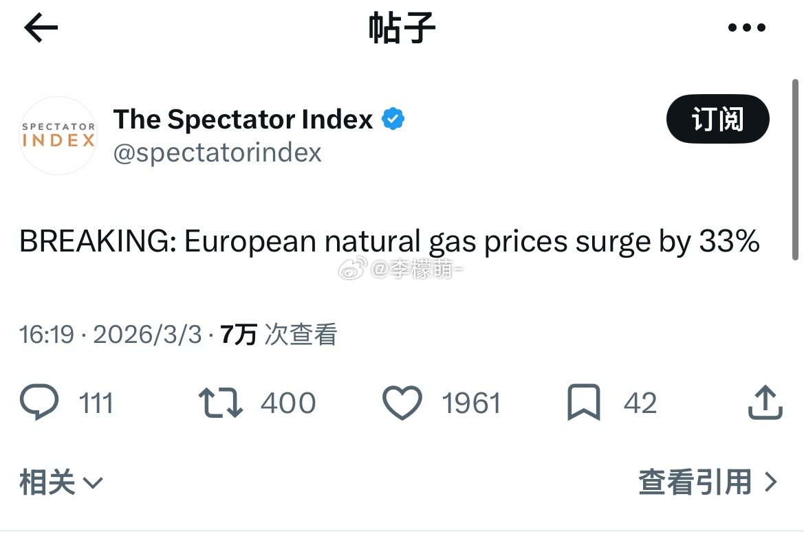 欧洲天然气价格飙升33%能源市场已将这场看不到尽头的冲突计入价格，欧洲家庭的账单