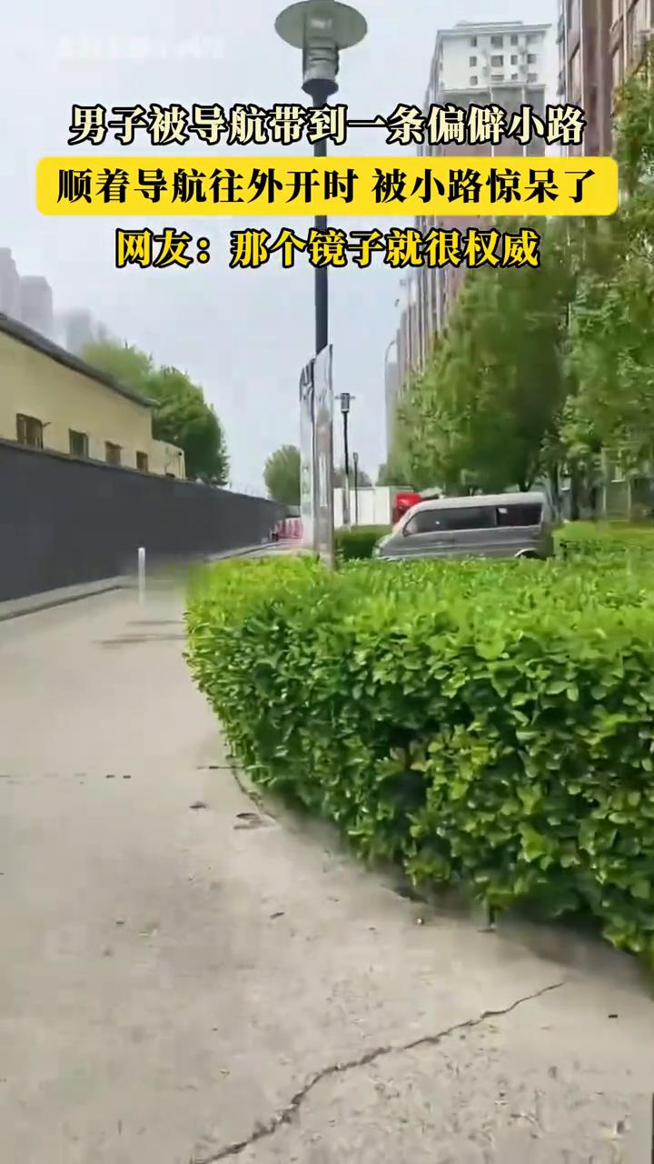 男子被导航带到一条偏僻小路，顺着导航往外开时被小路惊呆了。
网友：那个镜子就很权