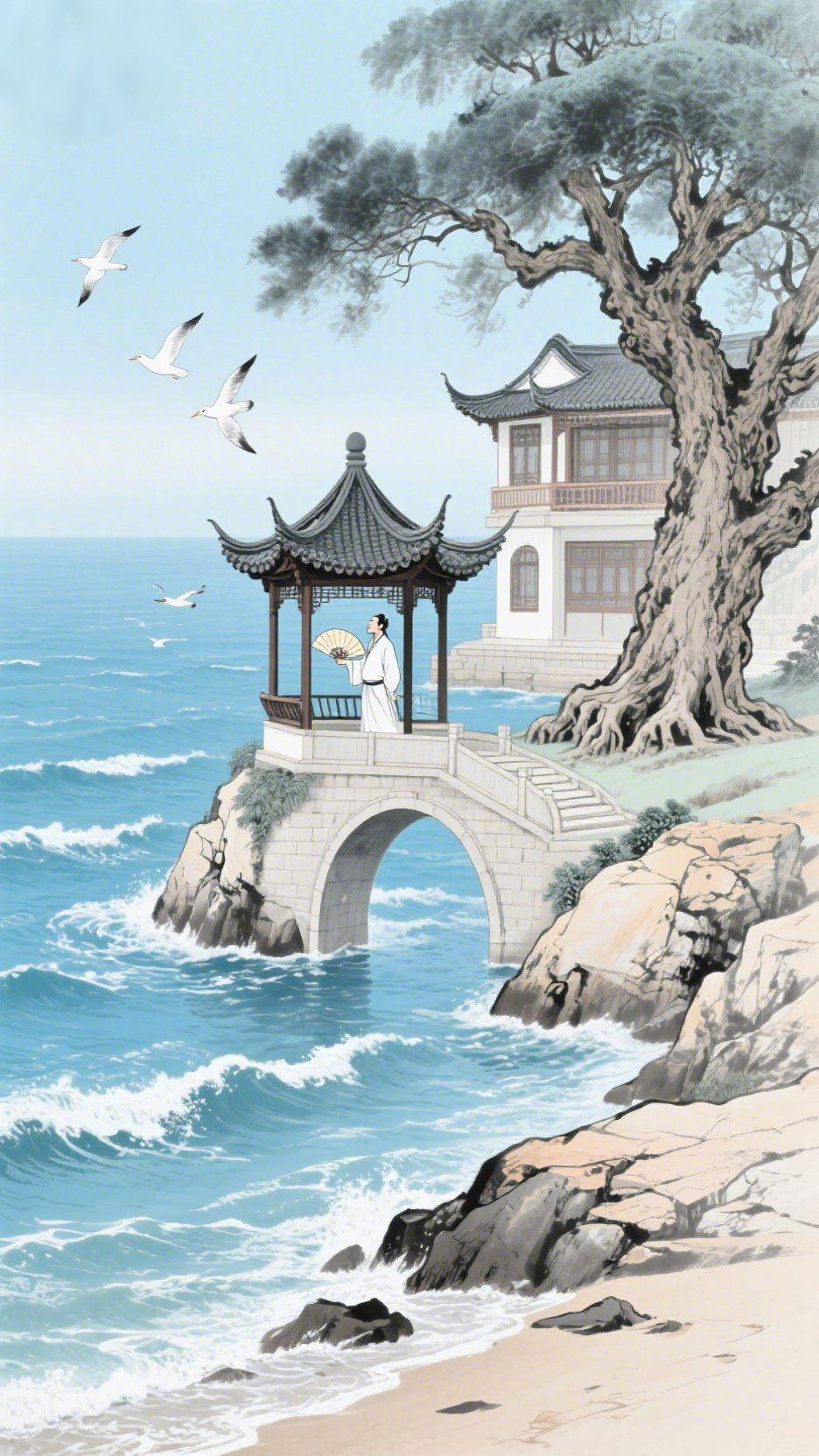 沧波古亭意悠然
 
碧海翻涌着层层浪涛，白浪逐着金沙漫上岸边，撞在嶙峋礁石上，溅